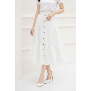 SWANLAKE | Chân Váy Nữ Dài Xòe Nhiều Tầng Lưng Thun Vải Linen Đính Nút Công Sở Thanh Lịch V13795