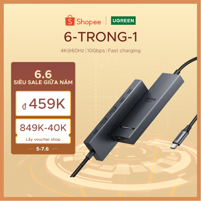 Ugreen 4K60hz 6-IN-1USB-C Trạm Docking đa chức năng USB3.2 Gen2 10Gbps