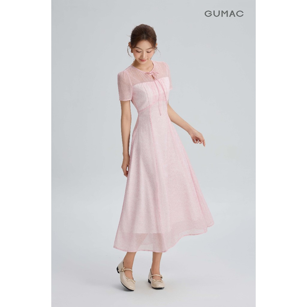 Đầm Nữ Dáng A Xòe GUMAC Họa Tiết Hoa Cổ Tròn Cột Nơ Cách Điệu Chất Tơ Ánh Kim 2 Lớp Thoáng Mát DG05070