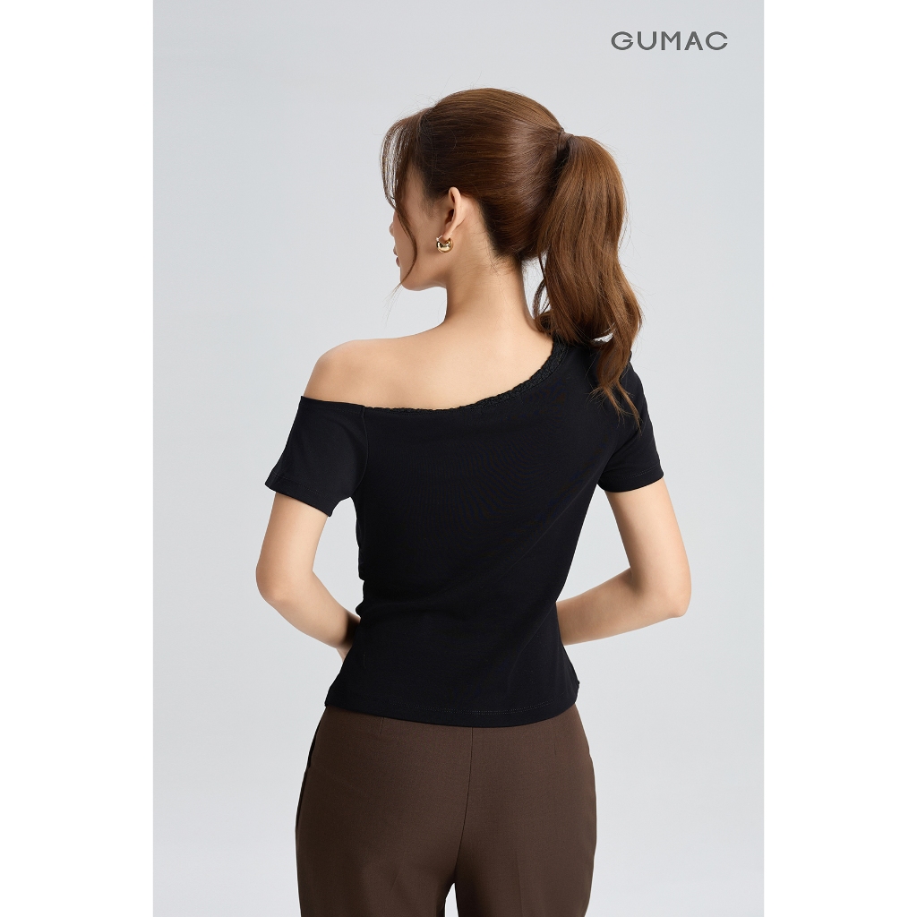 Áo Thun Kiểu Nữ Gmorning - GUMAC Trễ Vai Phối Ren Cùng Màu Nhún Hai Bên Sườn Tôn Dáng YATG06001