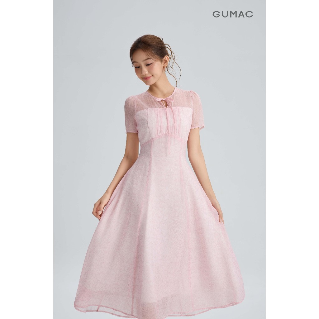 Đầm Nữ Dáng A Xòe GUMAC Họa Tiết Hoa Cổ Tròn Cột Nơ Cách Điệu Chất Tơ Ánh Kim 2 Lớp Thoáng Mát DG05070