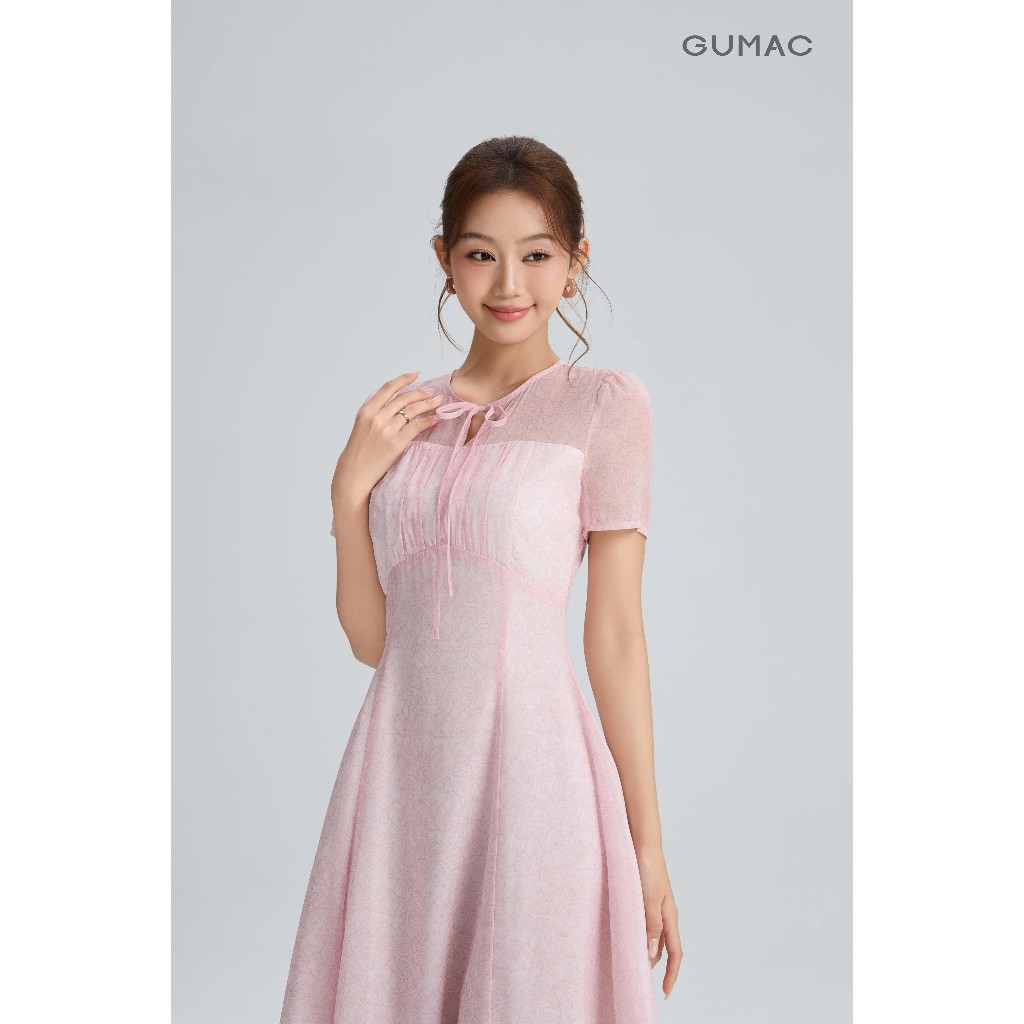 Đầm Nữ Dáng A Xòe GUMAC Họa Tiết Hoa Cổ Tròn Cột Nơ Cách Điệu Chất Tơ Ánh Kim 2 Lớp Thoáng Mát DG05070