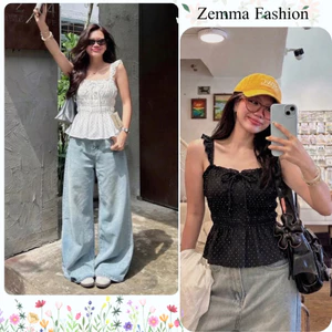 Áo hai dây chấm bi bo chun ngực dáng xòe peplum quai bèo nhún áo kiểu nữ mặc đi chơi du lịch HCOM27440
