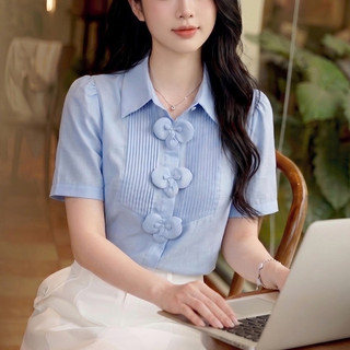 Áo Sơ Mi Nữ 𝐂𝐂𝐇𝐀𝐓 Dáng Suông Kiểu Minsyin Đính Hoa Trang Trí Chất Liệu Cao Cấp 16FNT9042ST