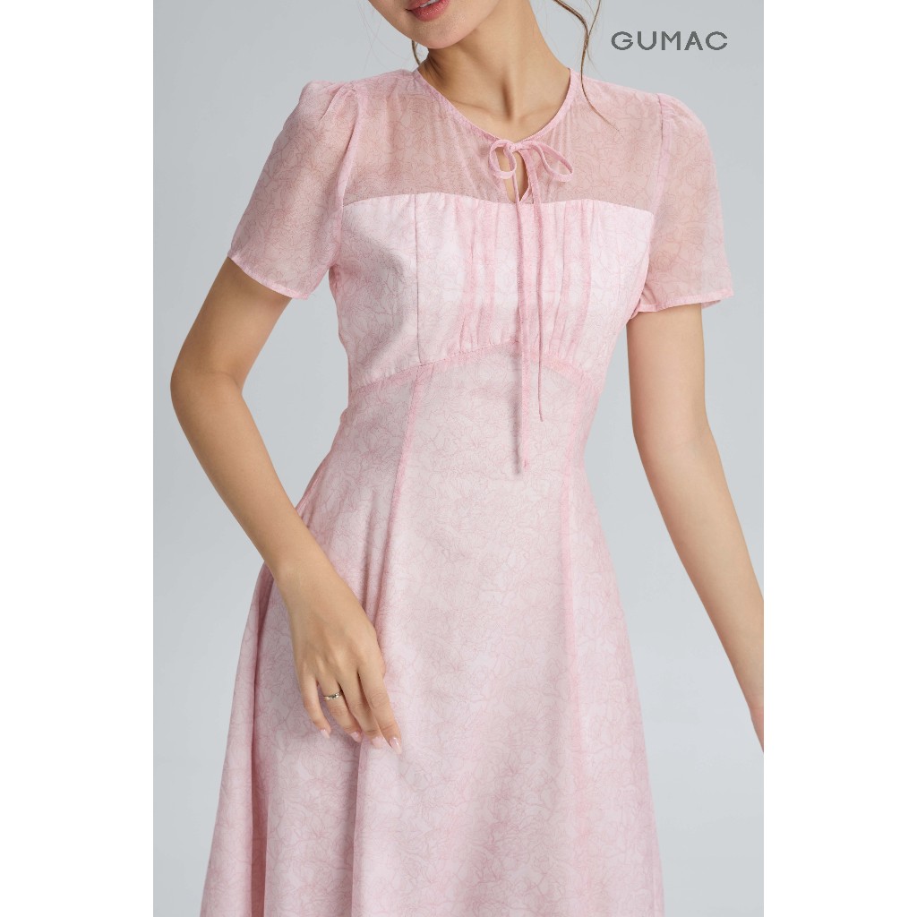 Đầm Nữ Dáng A Xòe GUMAC Họa Tiết Hoa Cổ Tròn Cột Nơ Cách Điệu Chất Tơ Ánh Kim 2 Lớp Thoáng Mát DG05070