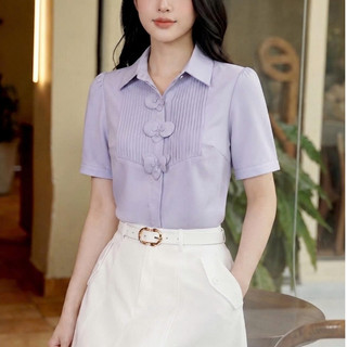 Áo Sơ Mi Nữ 𝐂𝐂𝐇𝐀𝐓 Dáng Suông Kiểu Minsyin Đính Hoa Trang Trí Chất Liệu Cao Cấp 16FNT9042ST