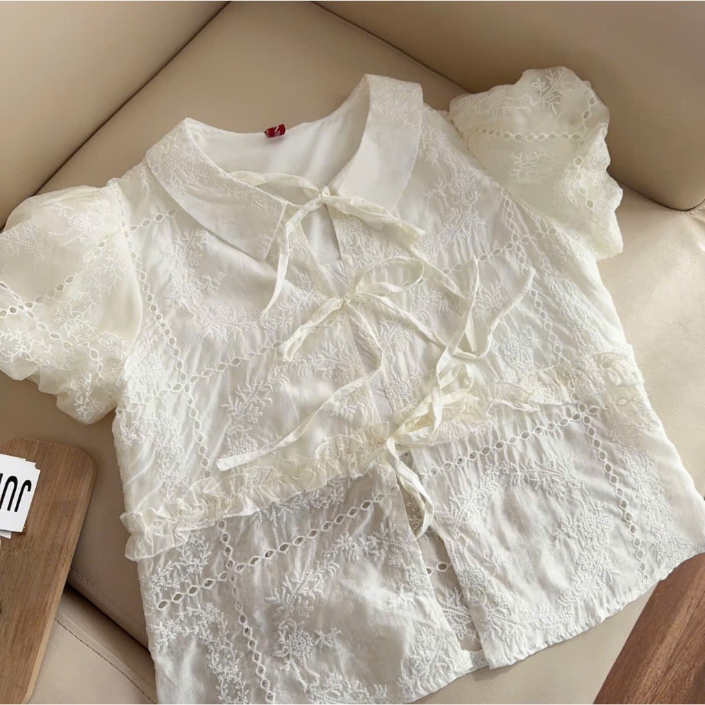 Set áo tay bồng cổ sen buộc nơ kèm chân váy A có lót quần LABEL S69