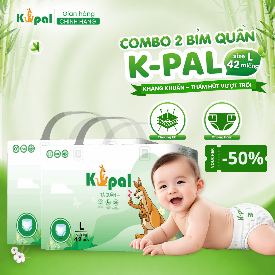 Combo 2 tã quần K-Pal Q-L42 size L 84 miếng cao cấp kháng khuẩn siêu thấm hút thoáng khí chống hăm