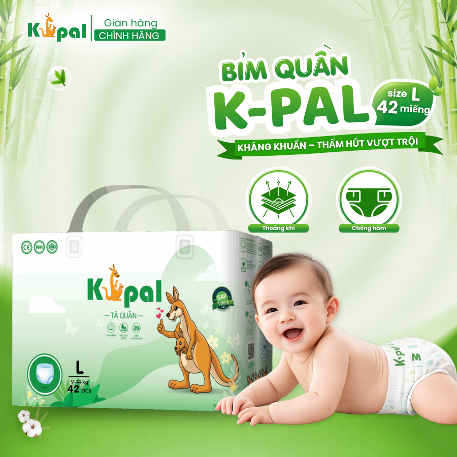 Tã quần K-Pal Q-L42 size L 42 miếng cao cấp kháng khuẩn siêu thấm hút thoáng khí chống hăm