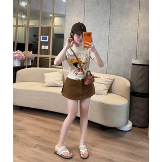Set đồ nữ áo thun cộc tay dáng ôm in hình vintage dễ thương mix chân váy ngắn