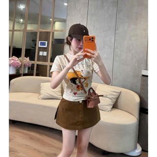 Set đồ nữ áo thun cộc tay dáng ôm in hình vintage dễ thương mix chân váy ngắn
