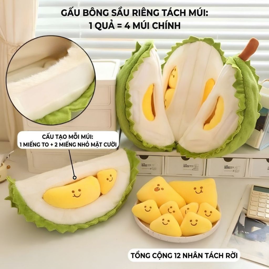 Gấu Bông Quả Sầu Riêng Tách Múi Siêu Hot, Trái Sầu Riêng Nhồi Bông Có Thể Lắp Ghép Làm Quà Tặng Cho Bé,Người Yêu