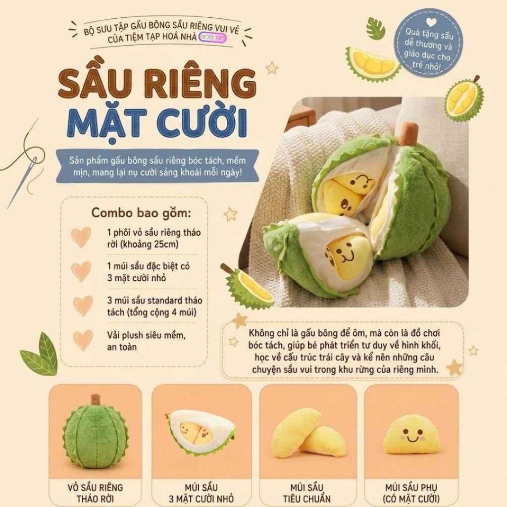 Gấu Bông Sầu Riêng Tách Múi Cao Cấp,Trái Sầu Riêng Nhồi Bông Có Thể Lắp Ghép Quà Tặng Sinh Nhật Cho Bé,Người Yêu