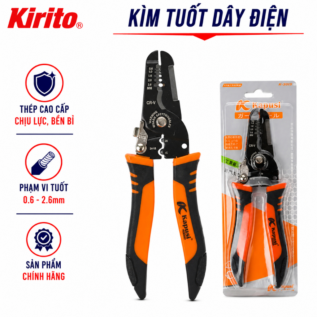 Kìm Tuốt Dây Điện Tự Bung Kapusi K-9119, Tuốt Dây 0.6-2.6mm (10-22 AWG), Lưỡi Thép CR-V Cao Cấp