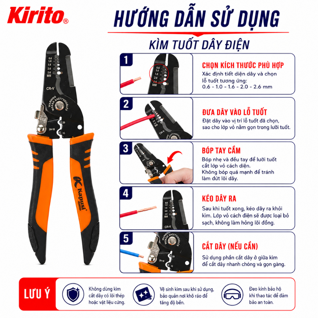 Kìm Tuốt Dây Điện Tự Bung Kapusi K-9119, Tuốt Dây 0.6-2.6mm (10-22 AWG), Lưỡi Thép CR-V Cao Cấp