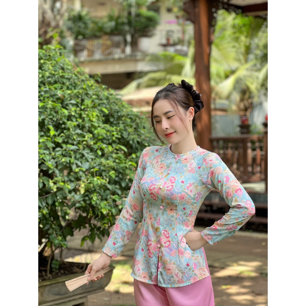 B.A81 - ( FORM DÁNG DÀI ) Áo Bà Ba HoẠ TiếT XiNh Dây KéO Tay Dài (Quần Ngọc Trai)