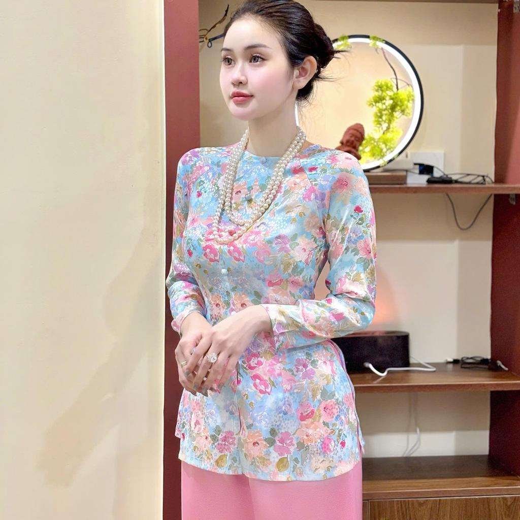 B.A81 - ( FORM DÁNG DÀI ) Áo Bà Ba HoẠ TiếT XiNh Dây KéO Tay Dài (Quần Ngọc Trai)