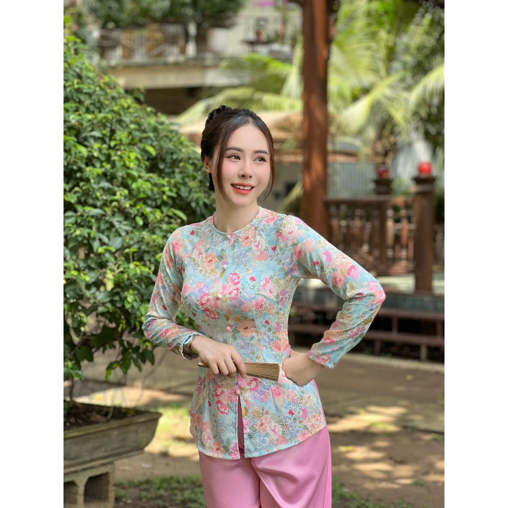 B.A81 - ( FORM DÁNG DÀI ) Áo Bà Ba HoẠ TiếT XiNh Dây KéO Tay Dài (Quần Ngọc Trai)