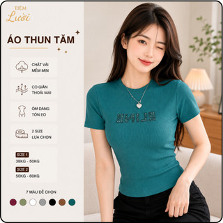 Áo Thun Tăm Nữ Cổ Tròn Tiệm Lười Áo Phông Gân Tăm Tay Ngắn Ôm Dáng Co Giãn 7 Màu Size từ 38-60kg