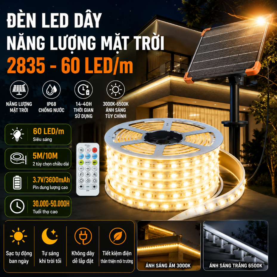 COD Đèn LED Dây Năng Lượng Mặt Trời IP68, 60 LED/m, 5M 10M, Trang Trí Ban Công Sân Vườn Quán Cafe