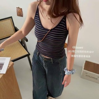 Áo hai dây kẻ sọc sẵn mút ngực cổ chữ V