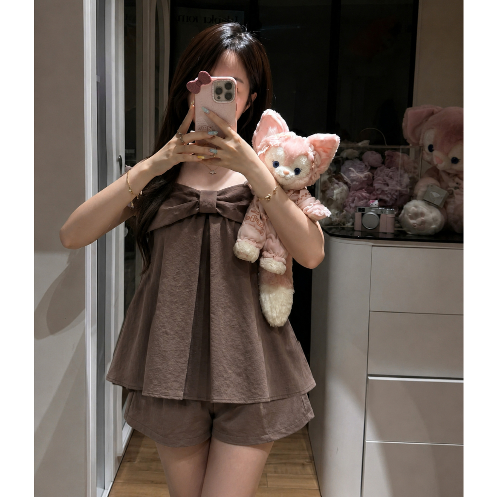 Set áo trễ vai nơ ngực, kèm quần sooc xinh xắn LABEL S70