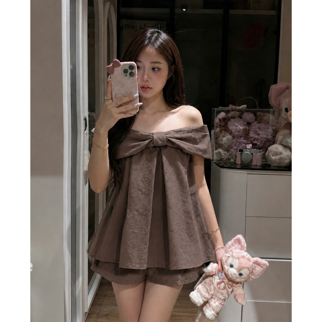 Set áo trễ vai nơ ngực, kèm quần sooc xinh xắn LABEL S70