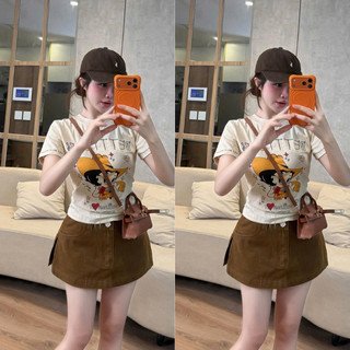 Set đồ nữ áo thun cộc tay dáng ôm in hình vintage dễ thương mix chân váy ngắn