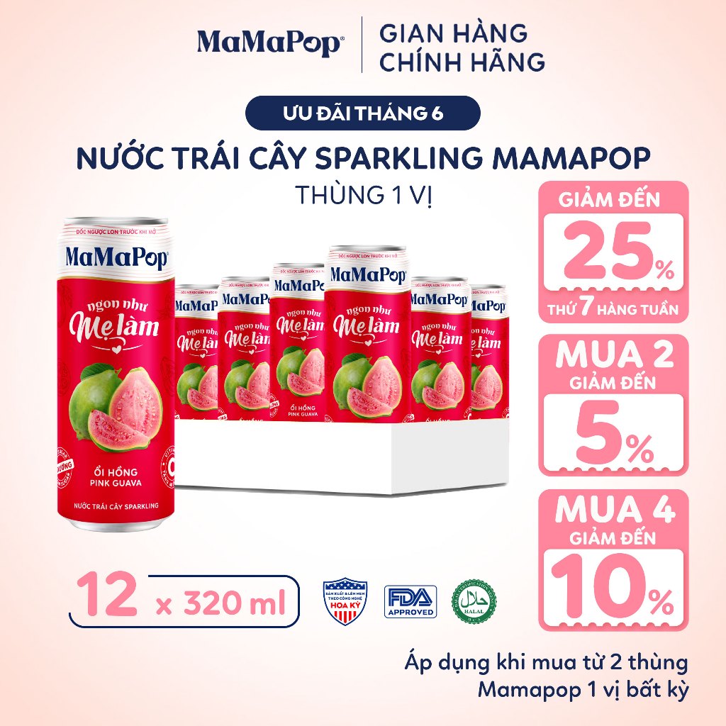 Thùng 12 Lon Nước Trái Cây Có Gas MaMaPop 1 Vị 320ml ÍT ĐƯỜNG Từ Trái Cây Nguyên Chất Bổ Sung VITAMIN C Và KOMBUCHA