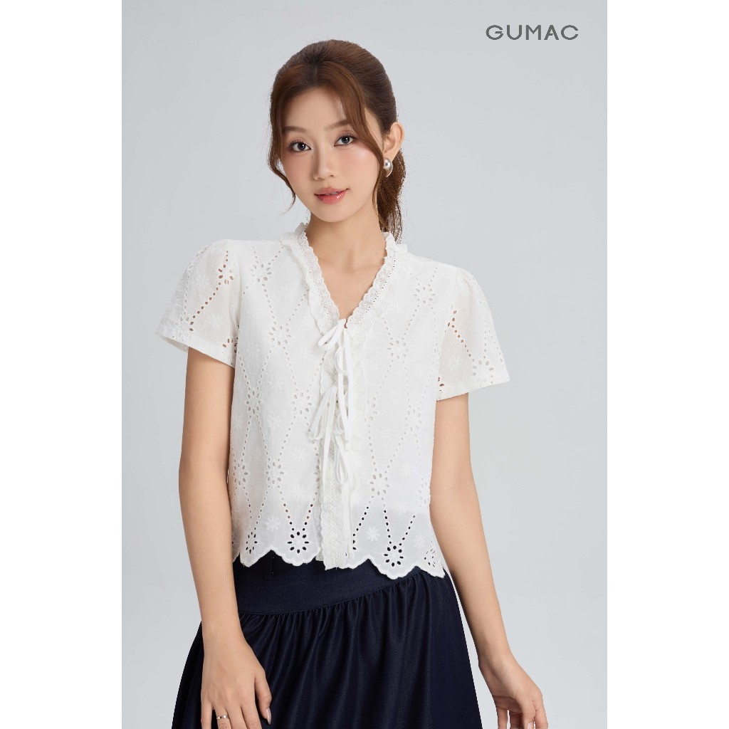 Áo Kiểu Nữ GUMAC Form Suông Lửng Tay Ngắn Cột Dây Cổ V Viền Ren Chất Xô Hoa 2 Lớp Nhẹ Nhàng YAG05062