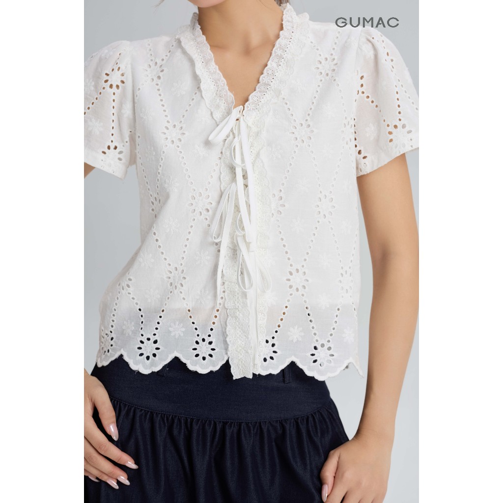 Áo Kiểu Nữ GUMAC Form Suông Lửng Tay Ngắn Cột Dây Cổ V Viền Ren Chất Xô Hoa 2 Lớp Nhẹ Nhàng YAG05062