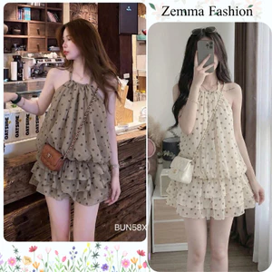 Đầm kiểu nữ cổ yếm buộc dây gáy họa tiết chấm bi váy liền thân hạ eo bo tầng mặc đi cafe HCOM27459