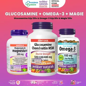 COMBO kết hợp GLUCOSAMINE và Omega-3 80v/120v/CoQ10 và Magnesium 120v Webber Natruals
