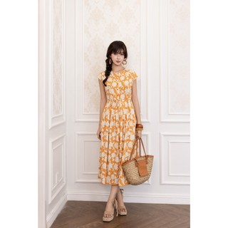 SWANLAKE | Váy Đầm Nữ Maxi Vải Linen Cổ Tròn Cài Nút Tay Hến Dây Thắt Eo In Hoa Thanh Lịch D13821