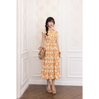 SWANLAKE | Váy Đầm Nữ Maxi Vải Linen Cổ Tròn Cài Nút Tay Hến Dây Thắt Eo In Hoa Thanh Lịch D13821