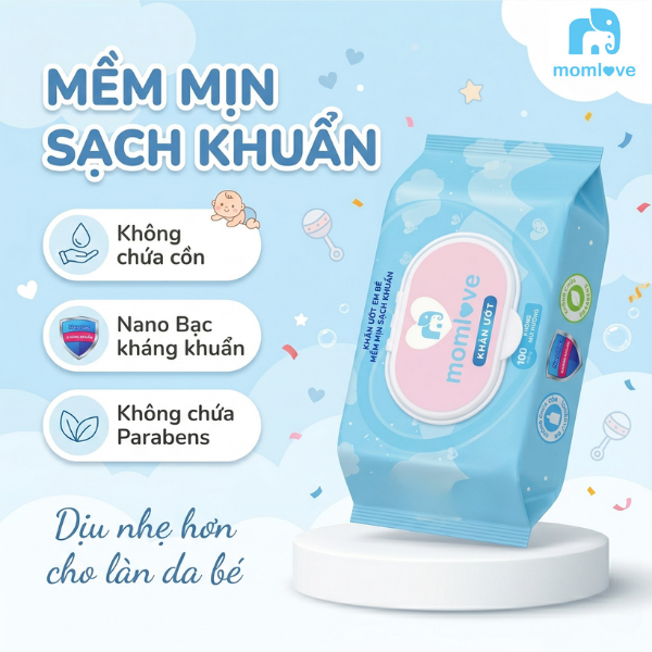Khăn Ướt MOMLOVE Không Mùi Mềm Mịn Sạch Khuẩn Cho Em Bé x100 Miếng