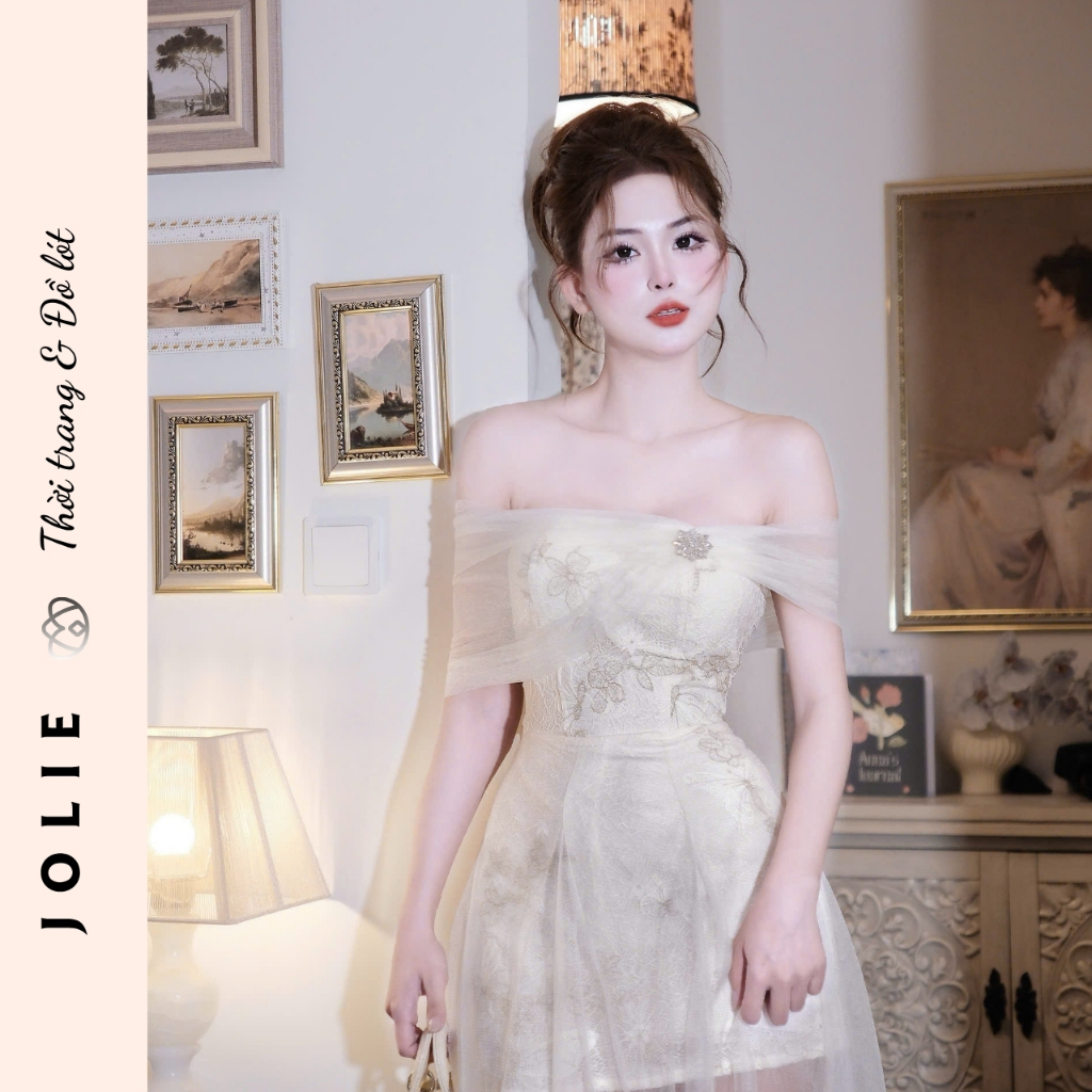 Váy Trễ Vai Tơ Thêu Hoa Công Chúa Cao Cấp JOLIE
