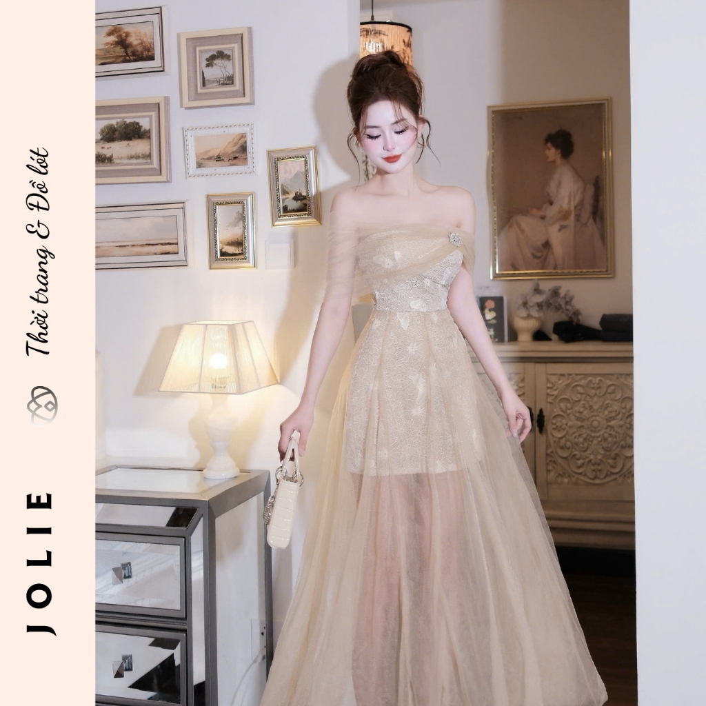 Váy Trễ Vai Tơ Thêu Hoa Công Chúa Cao Cấp JOLIE