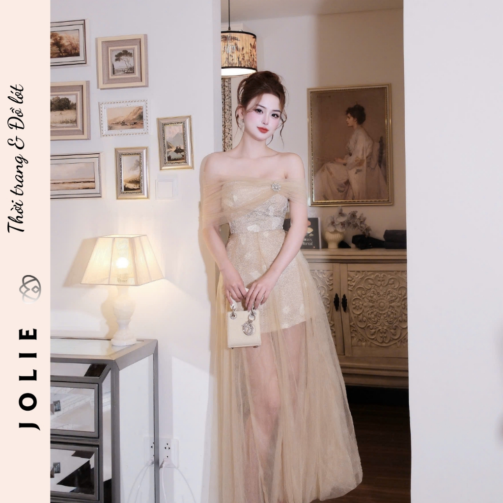 Váy Trễ Vai Tơ Thêu Hoa Công Chúa Cao Cấp JOLIE