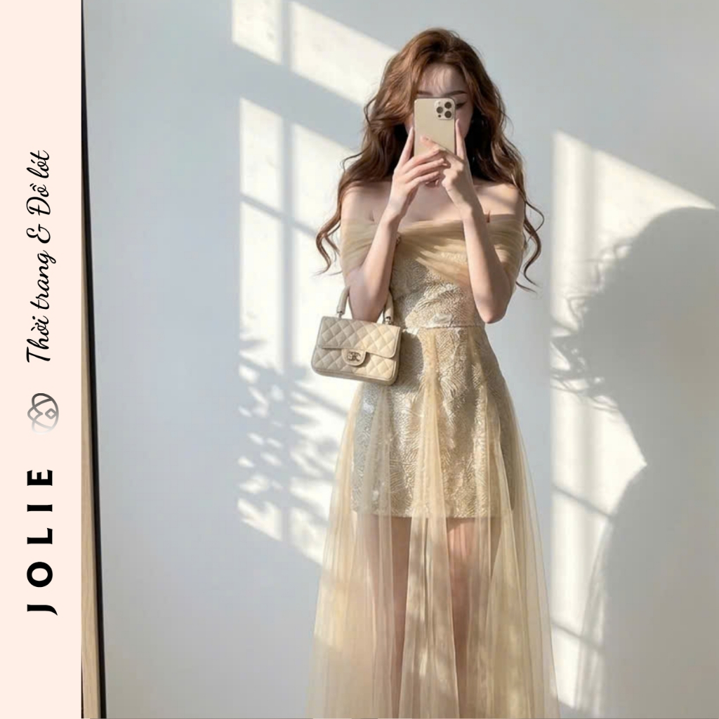 Váy Trễ Vai Tơ Thêu Hoa Công Chúa Cao Cấp JOLIE
