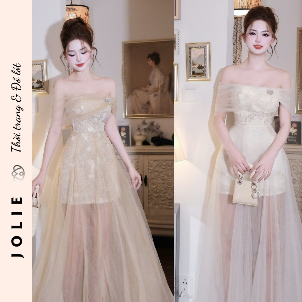 Váy Trễ Vai Tơ Thêu Hoa Công Chúa Cao Cấp JOLIE