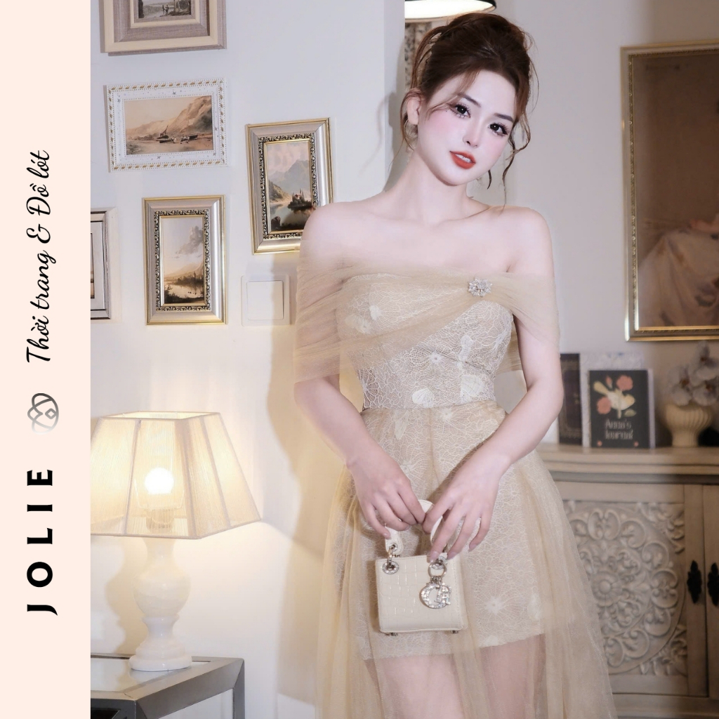 Váy Trễ Vai Tơ Thêu Hoa Công Chúa Cao Cấp JOLIE