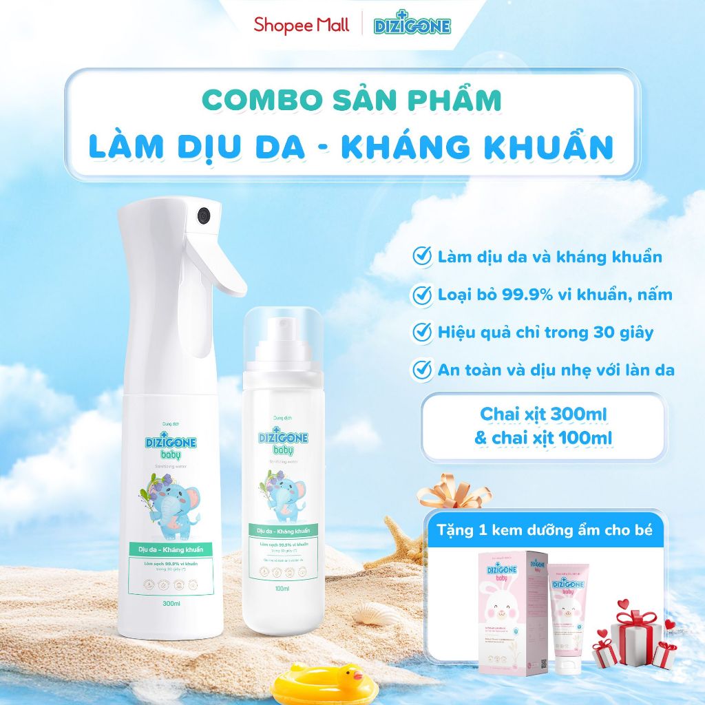 [COMBO] Dung dịch DIZIGONE Baby - Chai xịt 300ml & 100ml: Giúp làm sạch da, kháng khuẩn và làm dịu da cho bé