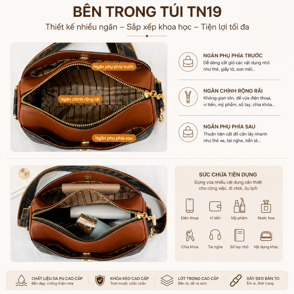 Túi Đeo Chéo Nữ TN19 Da PU Cao Cấp Phối Màu Đen Nâu, Túi Đeo Vai Thời Trang Hàn Quốc Dây Bản To Sang Trọng