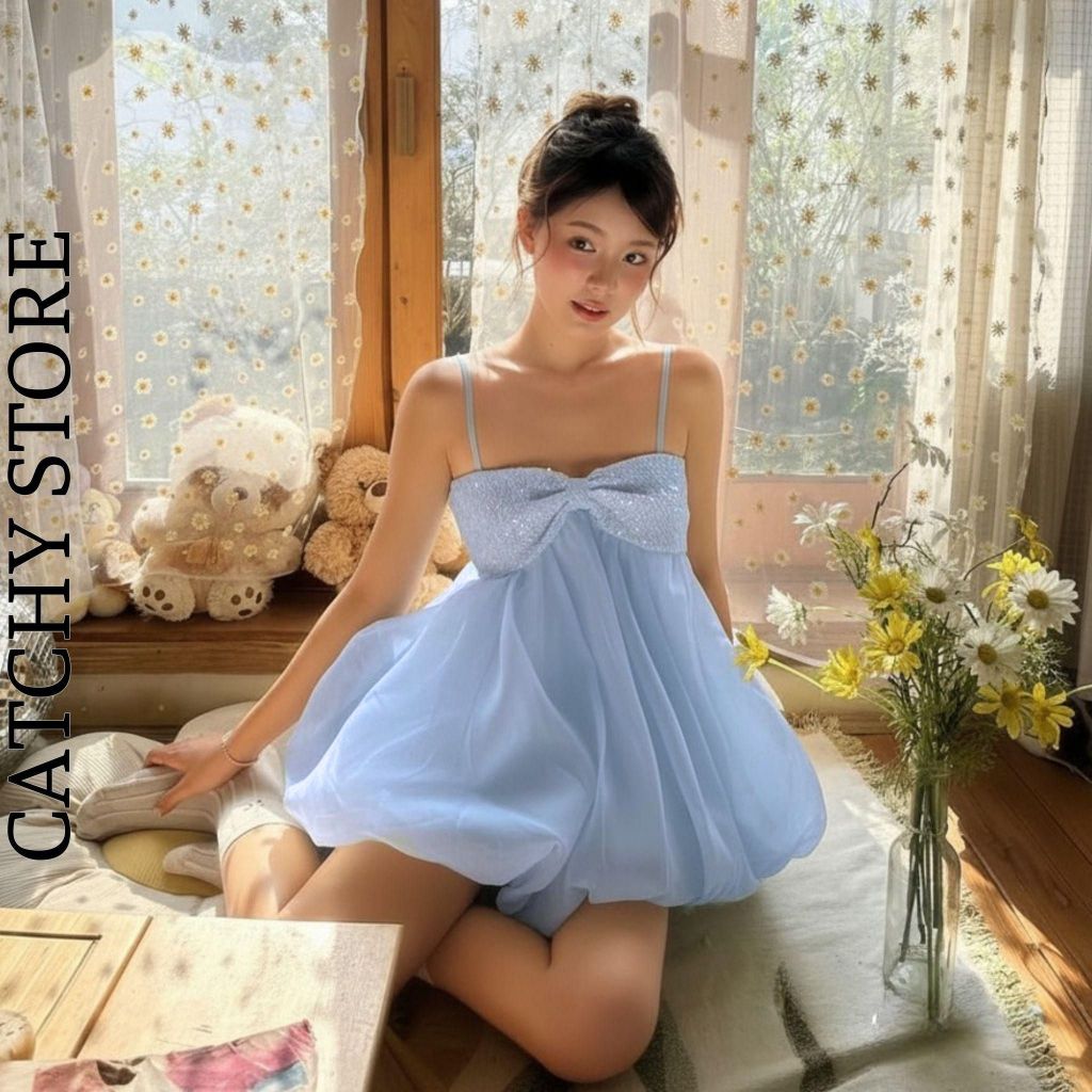 Đầm Voan Tơ Hai Dây Babydoll Dáng Bí Bồng Bềnh Phối Nơ Kim Sa Kèm Quần Bí Tiểu Thư Xinh Xắn CATCHYstore