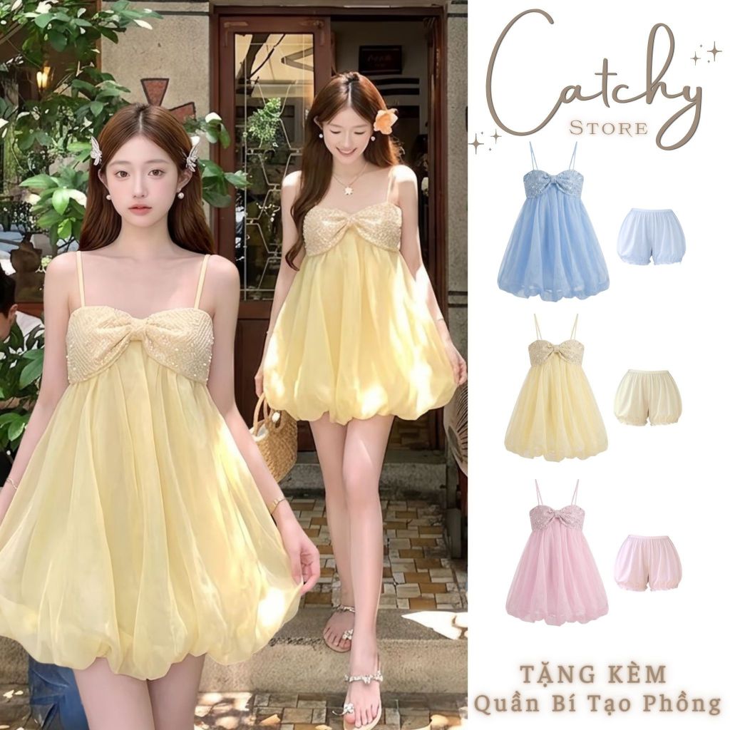 Đầm Voan Tơ Hai Dây Babydoll Dáng Bí Bồng Bềnh Phối Nơ Kim Sa Kèm Quần Bí Tiểu Thư Xinh Xắn CATCHYstore