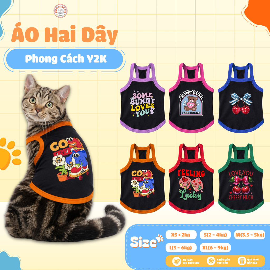 Áo 2 Dây Cho Chó Mèo Từ 2-9kg Phong Cách Y2K, Áo Cho Thú Cưng Chất Vải Cao Cấp Thoáng Mát
