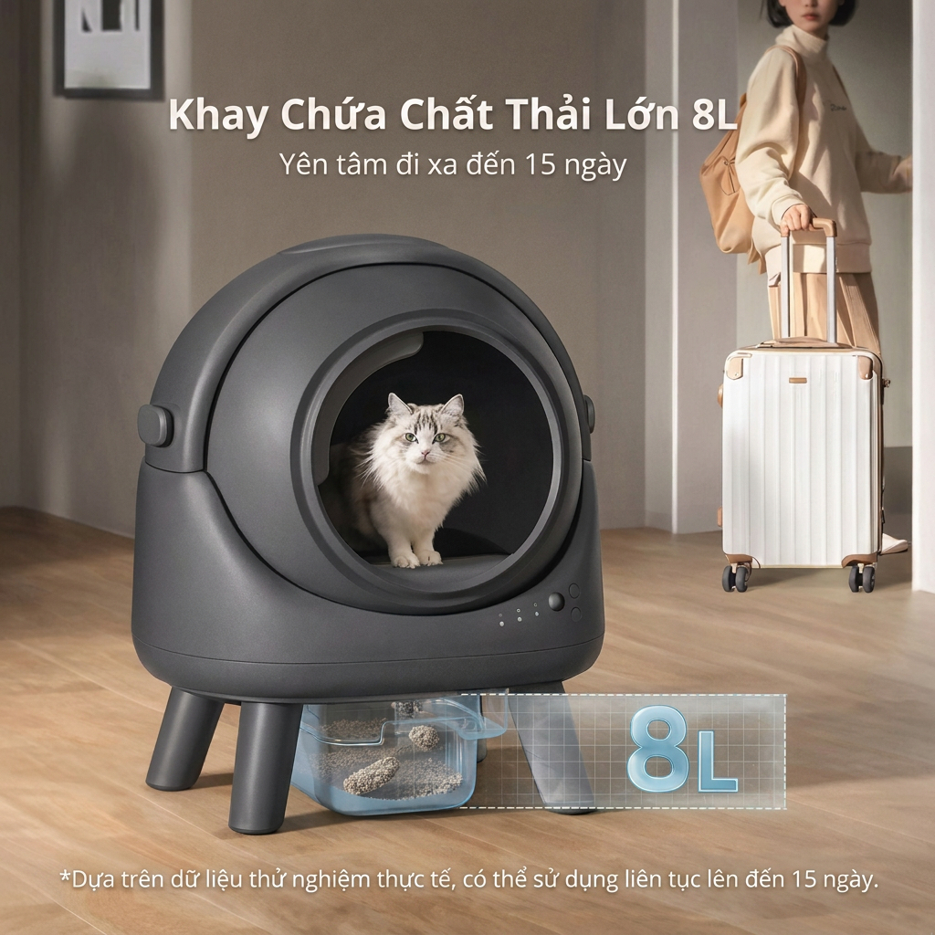 Nhà Vệ Sinh Thông Minh Tự Động Cho Mèo Kết Nối WiFi, Khử Mùi, Không Gian Rộng