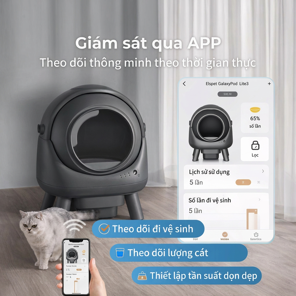 Nhà Vệ Sinh Thông Minh Tự Động Cho Mèo Kết Nối WiFi, Khử Mùi, Không Gian Rộng
