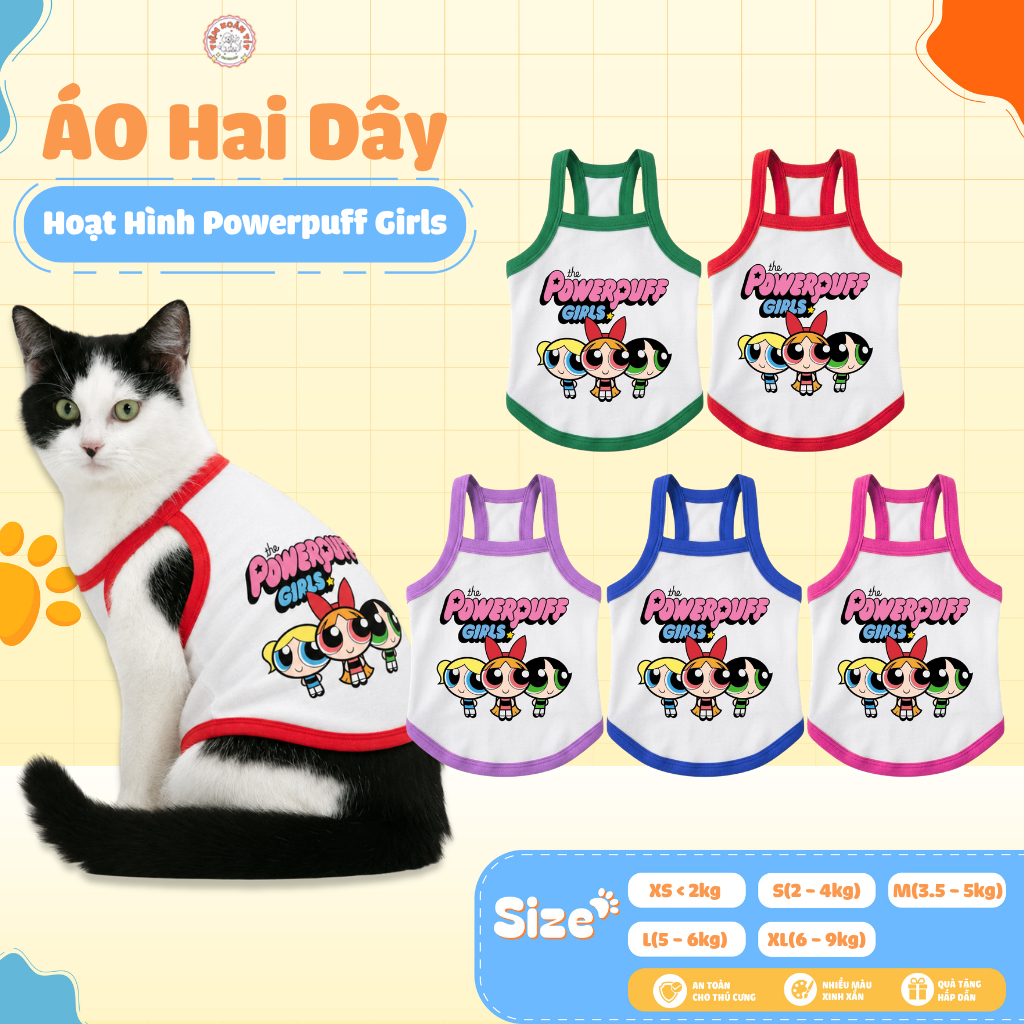 Áo 2 Dây Cho Chó Mèo Từ 2-9kg Mùa Hè In Hình Hoạt Hình Powerpuff Girls Chất Liệu Thoáng Mát Cao Cấp